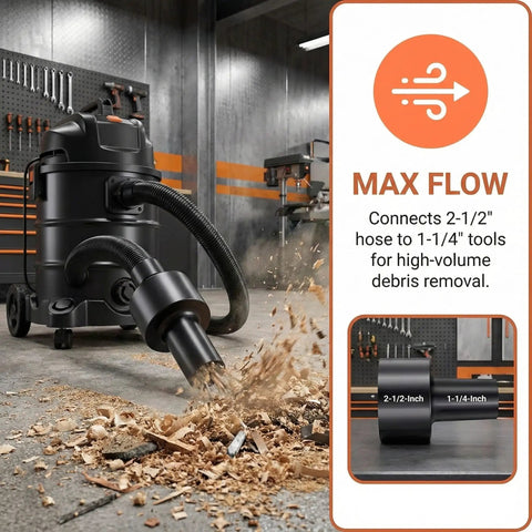 Vacuum Hose Adapter Two And A Half Inch To One And A Quarter Inch For Shop Vacuums Wet And Dry Black Converts Small Attachments To Large Hose Heavy Duty Vacuum Cleaner Attachment showcasing max flow debris removal.