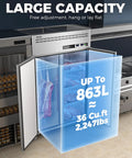 Built Tough Commercial Reach In Refrigerator And Freezer Combo 48 Inch Wide Stainless Steel 36 Cubic Foot Dual Zone Upright Cooler For Restaurants Bars Kitchens Garages showing large capacity with open doors and meat storage.