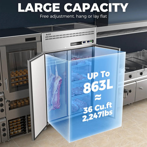 Built Tough Commercial Reach In Refrigerator And Freezer Combo 48 Inch Wide Stainless Steel 36 Cubic Foot Dual Zone Upright Cooler For Restaurants Bars Kitchens Garages showing large capacity with open doors and meat storage.