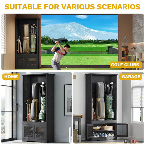 Wooden Golf Bag Organizer Cabinet With Turf Mat Protection For Garage Or Home Keeps Two Golf Bags Shoes And Accessories Neat And Ready To Roll For Everyday Use displayed in home and garage settings, highlighting versatility and dual storage capability.