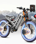 Built Tough Dual Motor Electric Bike For Adults Rolling On 26 Inch Fat Tires With Smooth Air Suspension And A Massive 60 Volt 80 Ah Battery Dishing Out 5600 Watts Of Raw Power For Crazy Long Range All Terrain Ebike Adventures, showing sleek design and display.