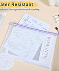 Clear mesh zipper pouch with water droplets and papers inside, part of the 14 Pack Mesh Zipper Pouches Set In 8 Sizes.
