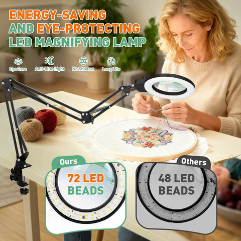 Person using Pro Grade 12X 30X Magnifying Glass With Light And Stand Long Arm Desk Magnifier for sewing embroidery project.