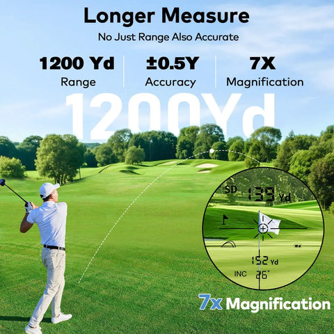 Golfer using 1200Yards Golf Range Finder With Slope And Flag Lock Vibration 7X Magnification Lightweight Rechargeable Fast Scan