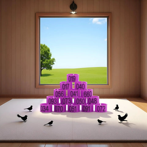 Purple Numbered Leg Bands 100 Pack for Pigeons and Doves 8mm Inner Diameter Elastic Bird ID Rings arranged on carpet near window