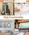 Adjustable 5/8 Inch Black Curtain Rod With Brackets For Windows And Doors Extends From 16 To 52 Inches Built For Cafe Kitchens Bedrooms Living Rooms And Sliding Glass Doors Drilling Installation Easy Mount in various settings including pergola, kitchen, living room, and RV camper.