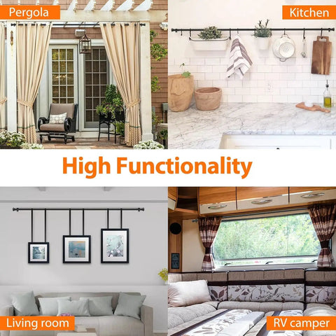 Adjustable 5/8 Inch Black Curtain Rod With Brackets For Windows And Doors Extends From 16 To 52 Inches Built For Cafe Kitchens Bedrooms Living Rooms And Sliding Glass Doors Drilling Installation Easy Mount in various settings including pergola, kitchen, living room, and RV camper.