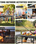 Collage of the Upgraded Folding Grill Table For Outdoor BBQs Metal Portable Camping Table with various outdoor activity uses.