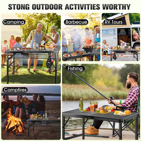 Collage of the Upgraded Folding Grill Table For Outdoor BBQs Metal Portable Camping Table with various outdoor activity uses.