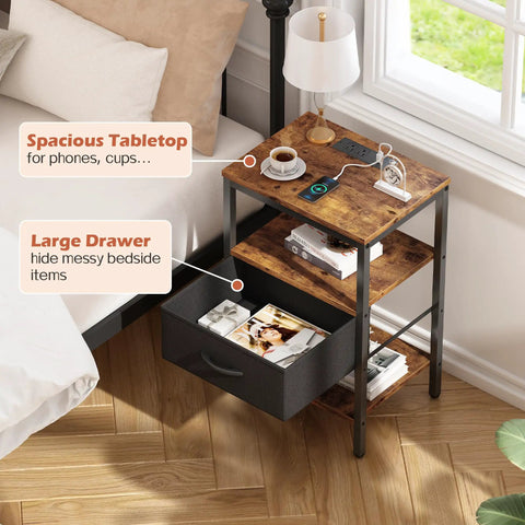 Bedside setup with Nightstand With Charging Station And USB Ports, Rustic Brown, showing top with coffee cup and books in drawer.