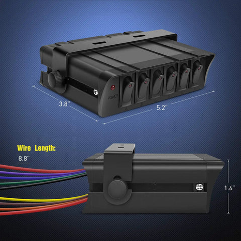 Beefy 6 Gang Rocker Switch Box Panel For Automotive And Boats 12V 24V SPST Toggle Switches showing dimensions and wires