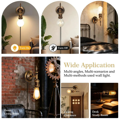 Steampunk Plug in Wall Sconces Set of Two, Wall Lamp Industrial in different uses, showcasing E27 Socket and Lamp Cable with Switch.