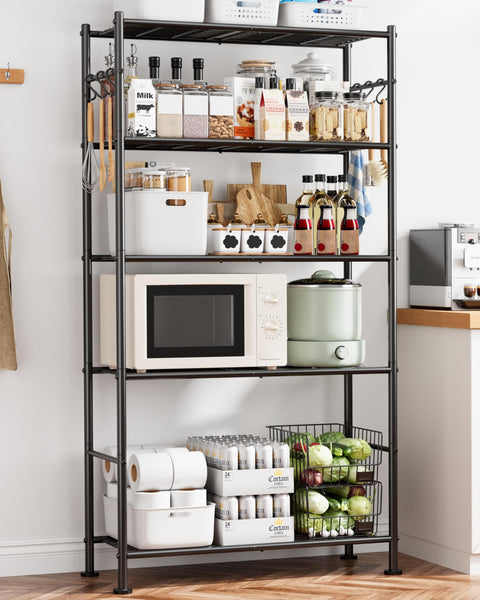 Heavy Duty Five Tier Storage Shelves With Leveling Feet And Side Hooks For Garage Bedroom Or Balcony Wobble Free Metal Rack 32.1 Inch By 12.4 Inch By 71.4 Inch Large Capacity Organizer In Black