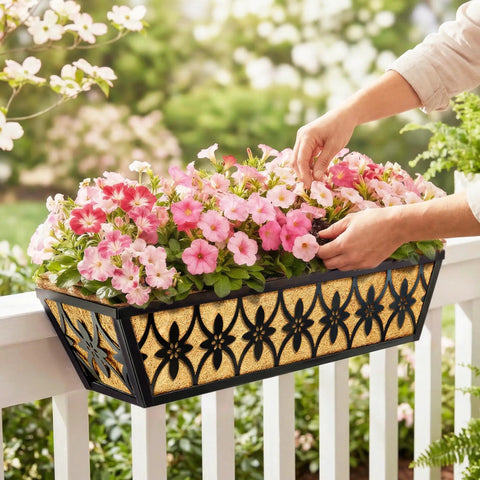 24 Inch Railing Planter Boxes 2 Pack With Adjustable Brackets And Coco Liners for outdoor deck railing with flowers