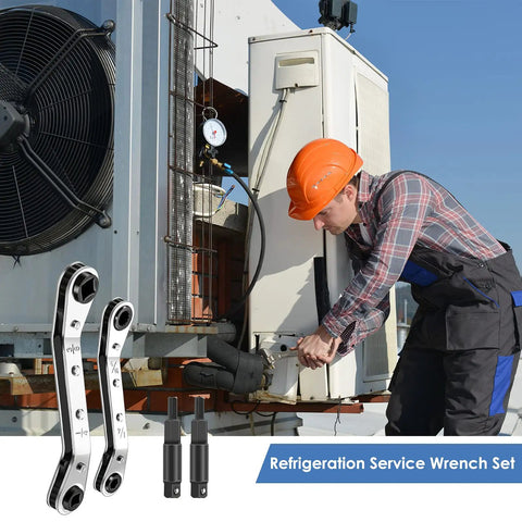 Technician uses Pro Grade Refrigeration Wrench Set For HVAC Repairs, Ratchet Tool Kit With Hex Bit Adapters on air conditioner
