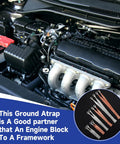 Car engine bay showing installed 18 Piece Ground Strap Kit For Cars With 10 15 And 20 Inch Cables Braided Copper Tinned Copper