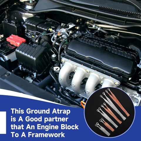 Car engine bay showing installed 18 Piece Ground Strap Kit For Cars With 10 15 And 20 Inch Cables Braided Copper Tinned Copper
