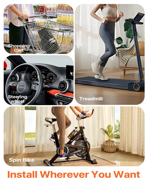 Ride Ready Magnetic Phone Holder Clamp Mount With 24 N55 Magnets on shopping cart, treadmill, steering wheel, and spin bike