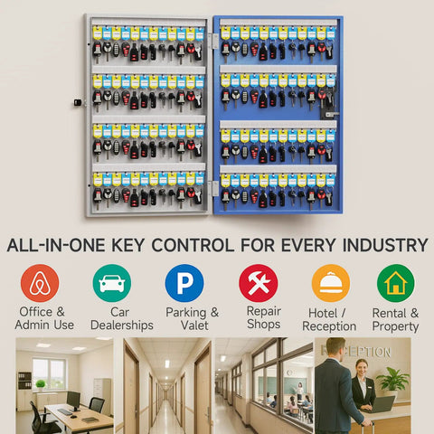 96 Key Smart Lock Box Wall Mount Key Cabinet for Office and Rental Use displaying numerous organized keys and tags.