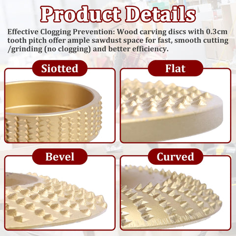 Close-up of 19 Piece Wood Carving Disc Set for Four and Four Point Five Inch Angle Grinders showing various disc shapes.