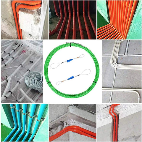 Get The Job Done Fast With This 32 Foot Plastic Coated Steel Fish Tape Wire Puller, shown with various conduit types and bends.