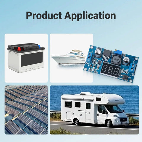 Blue LM2596 Adjustable DC-DC Buck Converter Module With LED Voltage Display, examples of usage in battery, boat, solar, RV