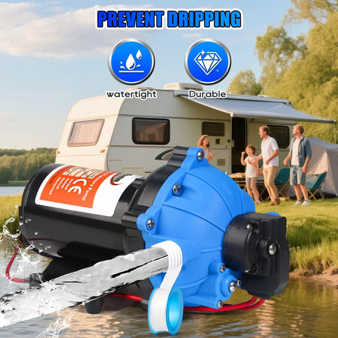 12V RV Fresh Water Pump With 7 GPM At 70 PSI, Five Chamber Self Priming Diaphragm next to camper with family in background