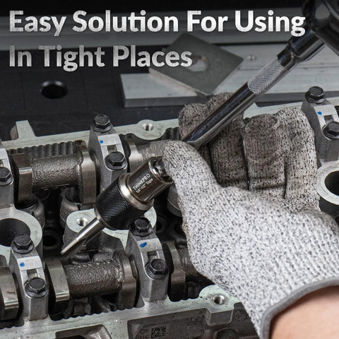 Ratcheting Tap Socket Set Two Pack With Adjustable Jaws For Tight Spaces Three Eighths Inch Drive in use on engine repair
