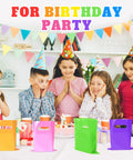 Children at birthday party with colorful party favor gift bags with handles 100 pack multicolor bulk for Easter treats