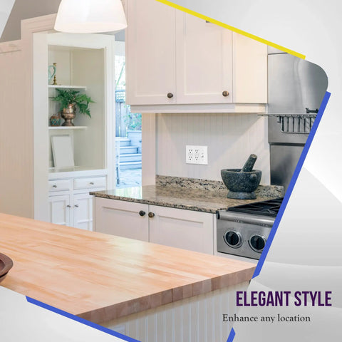 Kitchen setting with Combo Single Toggle And Double Decorator Rocker Outlet Wall Plate for 3-Gang Switches, white polycarbonate.