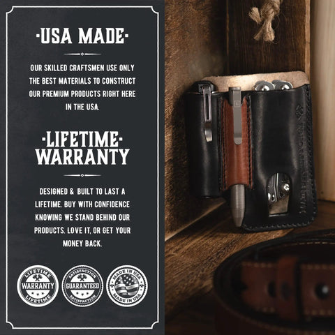 American Made Leather EDC Pouch for Men with Rugged Multitool Sheath and Holster Belt Clip Pocket, shown on wooden surface.