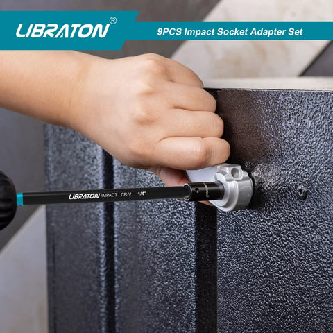 Hand using Pro Grade Impact Socket Adapter Set With One Quarter Inch Drive Three Eighth Inch Drive And One Half Inch Drive Includes Three Six And Twelve Inch Extensions For Drill Socket Adapters To Torque Wrench Use Heavy Duty Driver Adapters For Tight Spaces on metal surface.