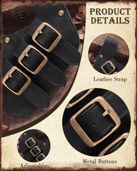 Close-up of Medieval Viking Sword Frog Holster with Adjustable Belt Straps, Vintage Black Faux Leather, metal buckles detail