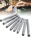 Watch Crown Winder Tool Set 8 Piece 2 To 10mm Manual Winding Repair Kit For Mechanical Watches Pro Grade Aluminum Alloy Construction Handy Maintenance Kit For Pros And Enthusiasts displayed on a workbench with tools and watch