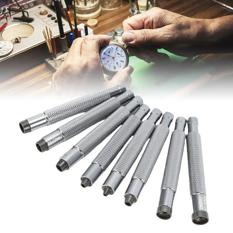 Watch Crown Winder Tool Set 8 Piece 2 To 10mm Manual Winding Repair Kit For Mechanical Watches Pro Grade Aluminum Alloy Construction Handy Maintenance Kit For Pros And Enthusiasts displayed on a workbench with tools and watch