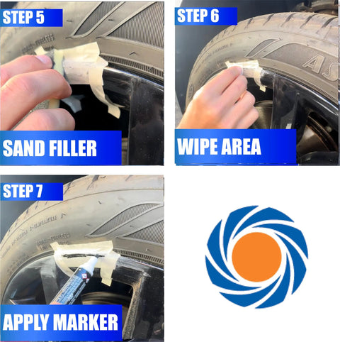 Pro Level DIY Wheel Restoration Kit Fixes Gnarly Curbside Scrapes Corrosion And Scratches Easily Restores Alloy Rims To A Fresh Finish And Saves A Stack On Auto Shop Bills step by step application process with wheel markings.