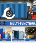 Built Tough Rock Solid 8x6.5 Lug Shipping Container Wheels with Dead Nuts Secure Ratchet Tie Down Kit beside a cargo container.
