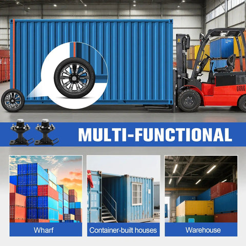 Built Tough Rock Solid 8x6.5 Lug Shipping Container Wheels with Dead Nuts Secure Ratchet Tie Down Kit beside a cargo container.