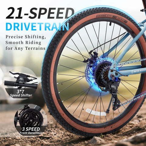 Close-up of the rear wheel, disc brake, and drivetrain of a Kids Mountain Bike For Boys And Girls 24 Or 26 Inch With 21 Speeds, Blue.