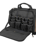 Heavy Duty Tool Bag With 50 Pockets And Large Center Compartment, open view showing multiple external pockets and durable material.