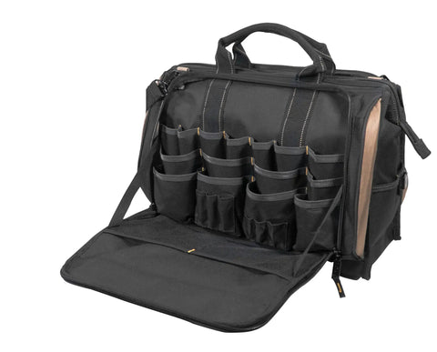 Heavy Duty Tool Bag With 50 Pockets And Large Center Compartment, open view showing multiple external pockets and durable material.
