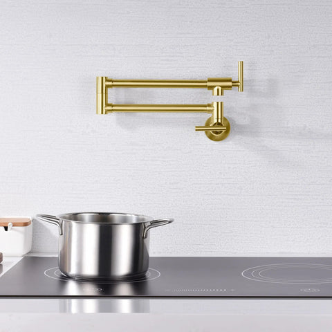 Gold Pot Filler Faucet Wall Mount Brass Kitchen Folding Faucet With Double Joint Swing Arms And Two Handle Design A Time Saving Water Spout