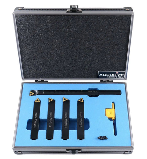 Half Inch Mini Indexable Turning Tool And Boring Bar Set For Metalworking in open case with four turning tools, one boring bar, and inserts.