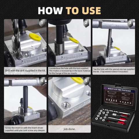 Step-by-step guide for using Metric M6X1.0 Thread Repair Kit With Stainless Steel Inserts, including HSS drill, tap, and counterbore.