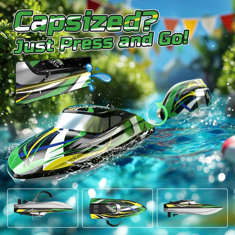 Amped Up Turbo Charged RC Speed Boat With LED Lights Self Righting Hull 30 Plus KMH Top Speed Two Batteries For 24 Plus Minutes Of Run Time 2 4GHz Remote Control Racing Boat For Pool Lake And Outdoor Fun For Kids And Adults in water showing self-righting feature
