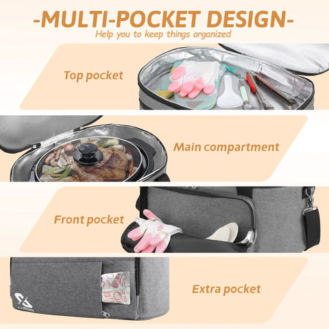 Multi-pocket insulated double layer travel bag for 6 to 8 quart oval crock pot with top, main, front, extra compartments.