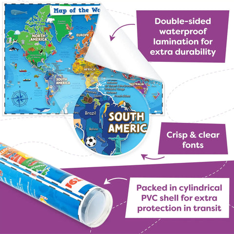 United States Map For Kids And World Map For Kids Two Piece Set 24 By 16 Inches Waterproof Classroom Posters with Features Displayed