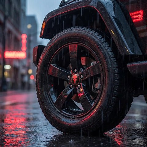 Four Pack Red Metal Skull Wheel Center Hub Cap Stickers Self Adhesive Waterproof Rim Covers on black wheel in rain.