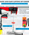 Heavy Duty 1760 Lbs Electric Hoist Winch With Dual Wired And Wireless Remote Controls Featuring Smart LED Status Light For Garage Warehouse Jobs Or Factory Lifts Offering 33 To 65 Feet Height Coverage mounted on a support with a red control panel.