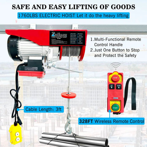Heavy Duty 1760 Lbs Electric Hoist Winch With Dual Wired And Wireless Remote Controls Featuring Smart LED Status Light For Garage Warehouse Jobs Or Factory Lifts Offering 33 To 65 Feet Height Coverage mounted on a support with a red control panel.